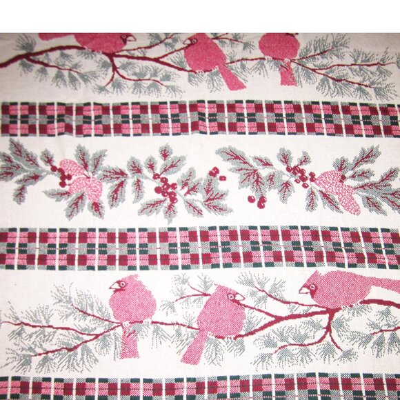 Bird & Pine Branch Throw Blanket Woven Fringe Winter Decor Red Gray White - Picture 4 of 5